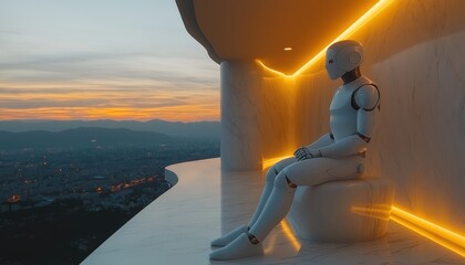 Robot Overlooking Futuristic Cityscape at Sunset - AI Technology Future