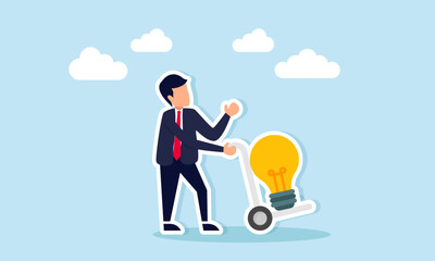 Businessman pushing a trolley carrying light bulbs illustration of receiving useful ideas for business development