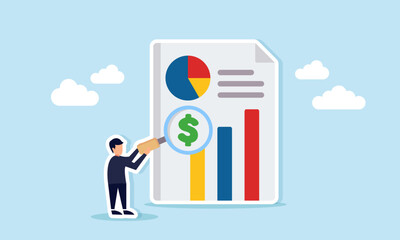 Businessman hold a magnify glass to examine a dollar sign on a report paper featur a pie chart and graph, illustration of monitor and analysis related to business financial performance
