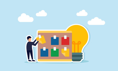 Businessman attaching a paper to a noteboard next to a lamp, illustration of noting down ideas and suggestions for business development
