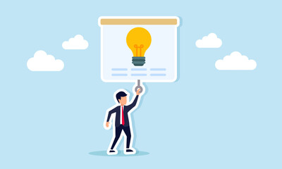 Businessman pulling a projector screen displaying a light, illustration of education, socialization, and promotion related to interesting and attractive ideas