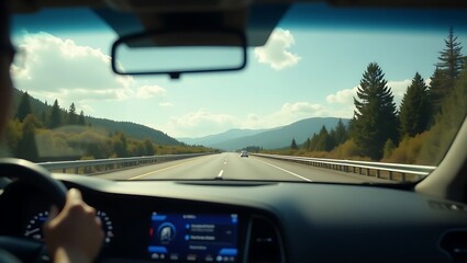 Dashboard view from inside a car driving along a scenic highway
