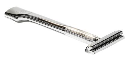 A sleek, chrome razor positioned against a white background, showcasing its modern design and functionality for grooming