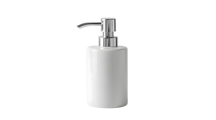 Obraz premium A sleek, modern white soap dispenser with a chrome pump, placed on a clean countertop in a bright bathroom setting
