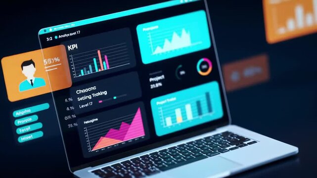 A modern laptop with a sleek design displaying an analytics dashboard for project tracking, featuring data visualizations and KPI metrics in a dimly lit workspace.