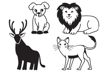 African Safari Animal Illustration – Lion, Elephant, Zebra, Giraffe, Black and White Cartoon Wildlife Drawing for Kids and Education, Savanna Scene Vector – Wildlife Clipart for Coloring and Design