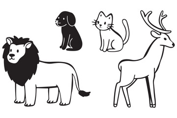 African Safari Animal Illustration – Lion, Elephant, Zebra, Giraffe, Black and White Cartoon Wildlife Drawing for Kids and Education, Savanna Scene Vector – Wildlife Clipart for Coloring and Design