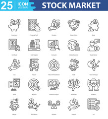 Stock Market icon sheet vector illustration investment, financial profit, dividens, global online, broke, certificate, cash register, computer, global economic, visual advisor, loss, report