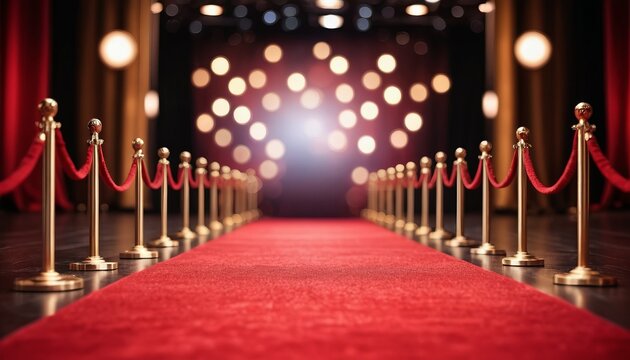 A vibrant red carpet stretches towards a stage illuminated with bokeh lights and framed by elegant