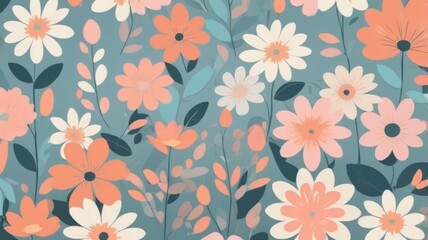 Colorful retro floral pattern, pastel daisies, seamless repeat, vintage textured background