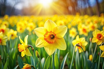 Obraz premium Spring Daffodils, Yellow Flowers, Blooming Daffodil, Beautiful Daffodil Field, Vibrant Daffodil Bouquet, Closeup Daffodil, Nature Photography, Spring Flowers
