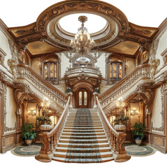Naklejka premium An opulent mansion with high ceilings, intricate stonework, and a grand chandelier. isolated on white background