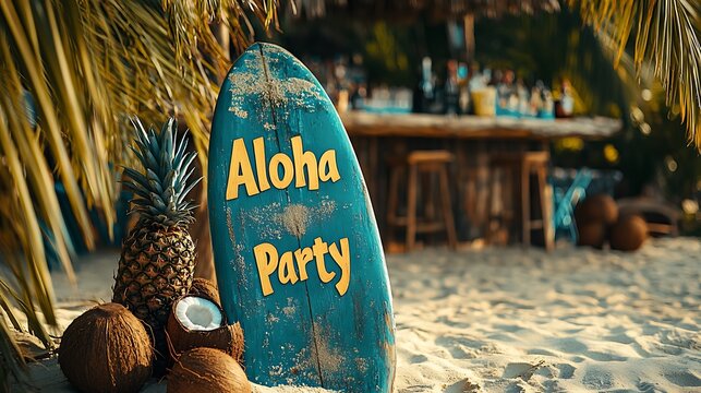 A beach-themed welcome sign on a surfboard with “Aloha Party” painted in bold letters, leaning against a tiki bar with coconuts, pineapples, and tropical drinks. Ocean breeze effect, golden sunlight.