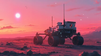 Fototapeta premium Futuristic Mars rover exploring a vibrant alien landscape at sunset.