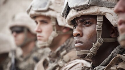 military soldiers lined up and looking ahead with serious expression.