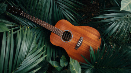 Acoustic guitar resting on tropical leaves.