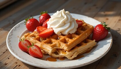 Golden Waffles with Fresh Strawberries and Whipped Cream