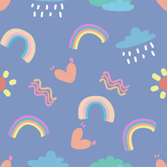 Seamless pattern with hand-drawn rainbows, Clouds, and sun, Trendy baby texture.