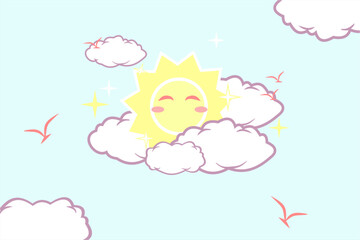 a cartoon cloud background with a blue sky and green clouds, Blue sky and sun with clouds background.