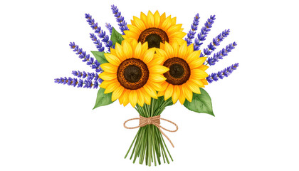 Obraz premium Bright Sunflower and Lavender Bouquet with Green Leaves and Ribbon