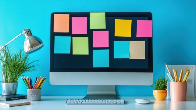 Modern workspace featu a sleek desktop computer with colorful sticky notes on the screen, potted plants, stationery, and a bright blue background for creative work and organization