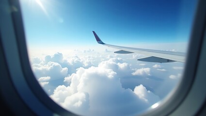 POV from inside an airplane looking out at clouds and wing during a bright sunny flight