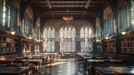 Fototapeta premium Grand library interior, sunlit study hall