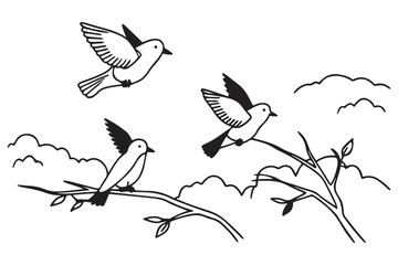 Black and White Bird Illustration – Eagle, Dove, Swan, Songbirds, Cartoon Bird Clipart on Branches for Kids, Coloring, and Learning, Nature-Inspired Vector Art – Wildlife Avian Drawing for Education