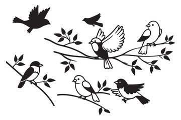 Black and White Bird Illustration – Eagle, Dove, Swan, Songbirds, Cartoon Bird Clipart on Branches for Kids, Coloring, and Learning, Nature-Inspired Vector Art – Wildlife Avian Drawing for Education