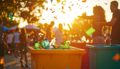 Colorful Plastic Bottles in Recycling Bins at a Festive Outdoor Event During