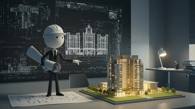 Architect presenting a detailed building model in an office with blueprints and architectural plans
