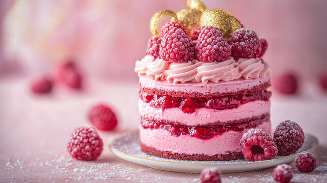 mooth Raspberry Mousse Cake Decorated with Fresh Berries and a Touch of Gold