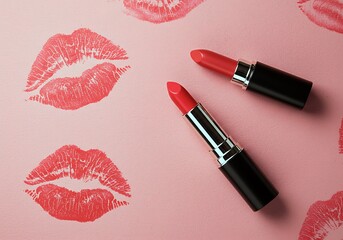 Obraz premium Two red lipsticks lie on a pink background covered with red kiss marks, showcasing vibrant makeup and beauty aesthetics