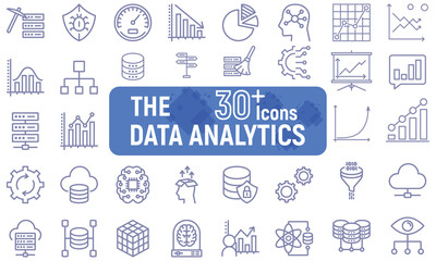 The 30+ icons data analytics set,Information technology signs for web and mobile app. IT network system, 5g, communication, computer, chip, web design, software, data center.
