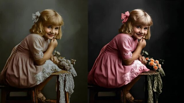 Vintage portrait of a smiling young girl with blonde hair in a dress, sitting on a wooden stool and holding flowers, split screen effect.