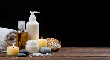 A serene spa arrangement with candles, oils, a towel, and a brush on a wooden surface, set against a dark background for a calming ambiance