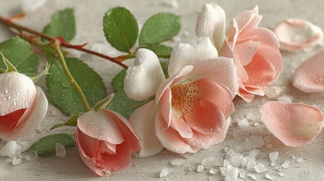 Delicate pink roses with water droplets and petals on a rustic wooden surface. - Powered by Adobe