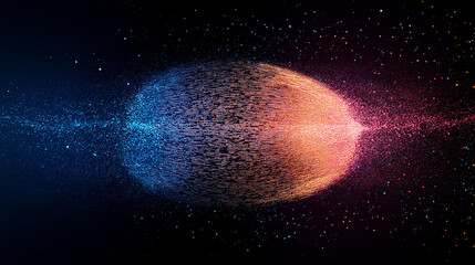 Naklejka premium Cosmic Collision: A mesmerizing cosmic event unfolds, where two celestial bodies collide, creating a spectacle of vibrant colors and cosmic dust.