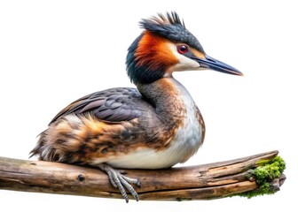 Fototapeta premium Surreal Grebe Bird Perch, Wooden Branch, Fantasy Avian Photography, Isolated Bird Image