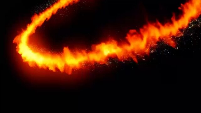 4K loop abstract burning ring of fire on black, rotating fiery smoke, portal and sparkling VFX, ideal for logo reveal