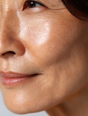 Fototapeta premium Close-up of 40-year-old Asian woman's face, smooth healthy skin, natural light, white background, medical clean tone.