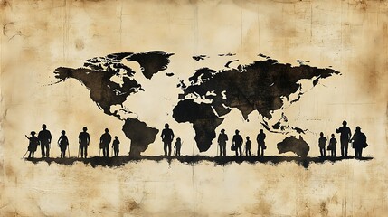 Artistic silhouette of world continents filled with worker illustrations&mdash;each continent stylized with figures like a doctor, mechanic, teacher, and construction worker,