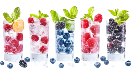 Refreshing assortment of colorful berry-infused drinks garnished with mint leaves, set against a clean, bright background