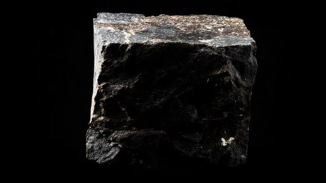 Dark textured rock or mineral sample on black background viewed up close for scientific study and geology resources