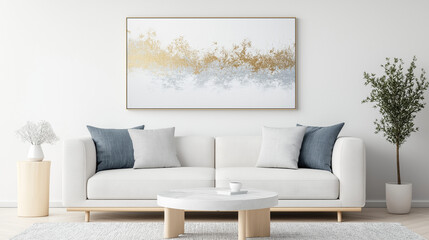 Serene Living Space: A contemporary living room radiates elegance with a neutral palette, comfortable sofa, and decorative accents, creating an inviting atmosphere. 