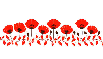 Vibrant Red Poppy Flowers with Green Leaves in Artistic Design