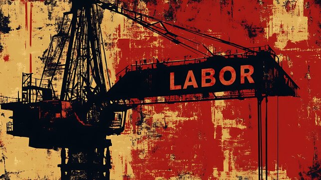 Minimalist poster-style design showing a silhouette of a crane hoisting the word “LABOR” in a bold sans-serif font, high contrast red and black color scheme, gritty industrial texture background.