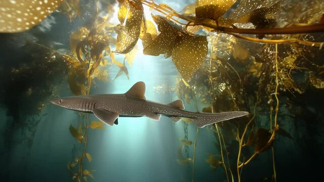 Leopard shark gracefully swimming through kelp forest with sunlight streaming down in the depths of the ocean environment habitat