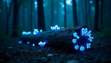 rock concert stage, mushroom on tree trunk, mushroom are lighting, blue light emit from mushroom, tree trunk, tree trunk lay on earth, mushroom, tree trunk, mosses, jungle, decomposable tree trunk,  G