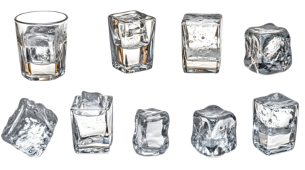 Various angles of clear ice cubes and glasses filled with ice, showcasing their texture and reflections in a bright setting